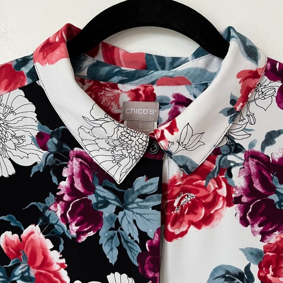 Chico's Mixed Print Bold Dark Floral Button Up Tunic Top Womens 3 US 16 /18 - Picture 8 of 10